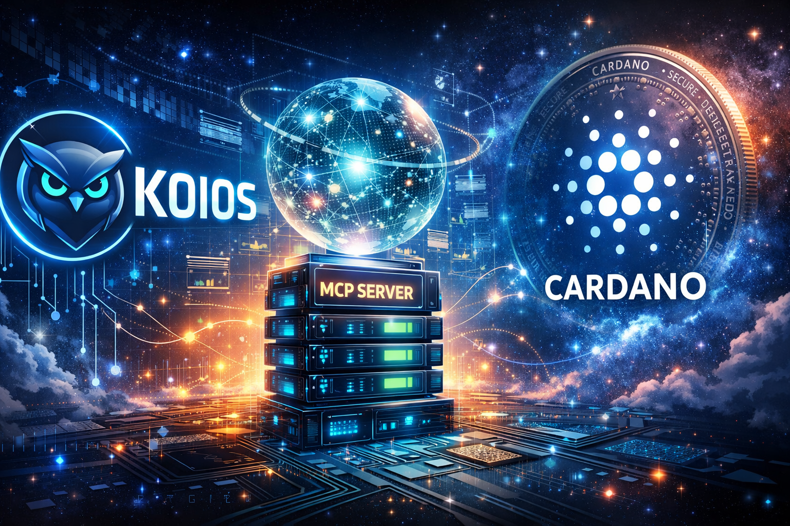 Diagram showing an LLM connected to the Cardano blockchain via the koios-mcp server and Koios API