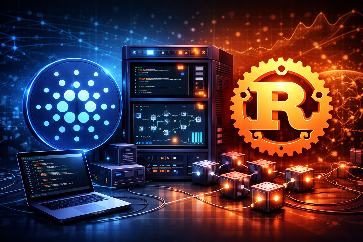 Cardano and Rust logos side by side representing Torsten, a Cardano full node written in Rust